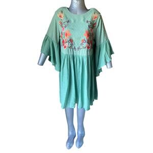 Umgee Boho Floral Embroidered Flowy Dress Sage Green Small